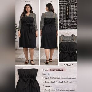 Black & Cream Layered Midi Dress with Gold Chain Straps